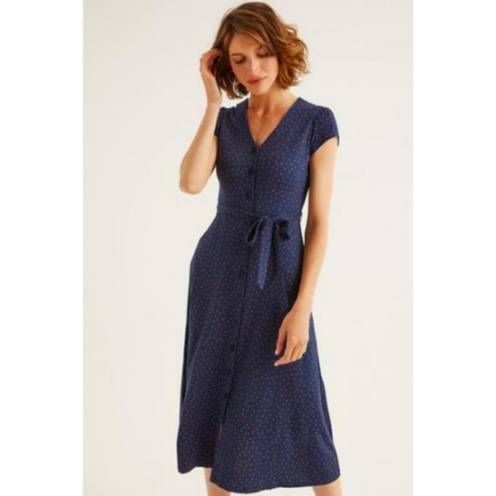 Boden Frances Jersey Midi Dress, Navy Blue w/Red Polka Dots, 6R